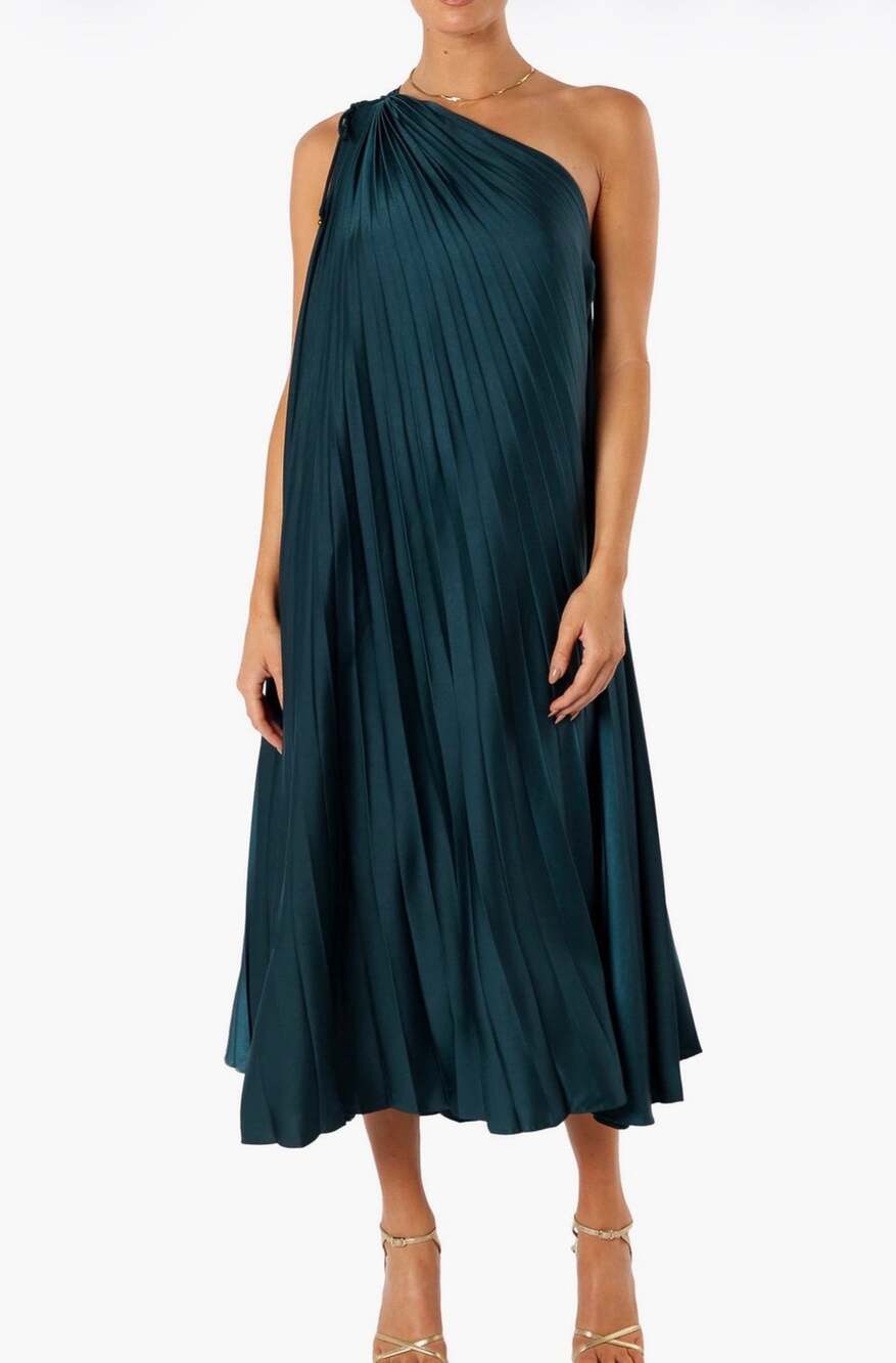 Petal & Pup Selena Pleated One Shoulder Dress Green Medium NWT